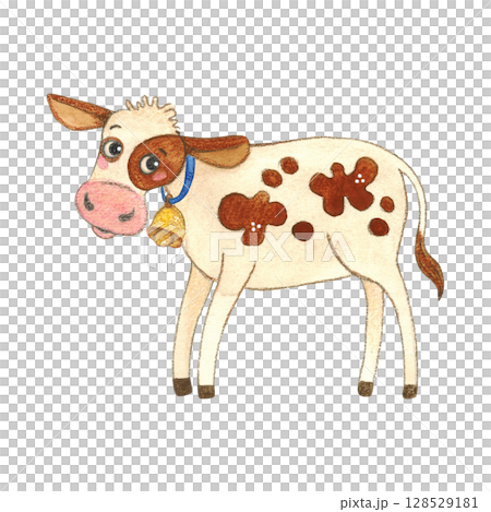 White calf with red spots with blue ribbon and golden bell. Watercolor illustration, hand drawn, cartoon. Sticker design, print, children's book. cow, character, jumping, spots, red, joy, children White calf with red spots with blue ribbon and golden bell. Watercolor illustration, hand drawn, cartoon. Sticker design, print, children's book. cow, character, jumping, spots, red, joy, children 128529181
