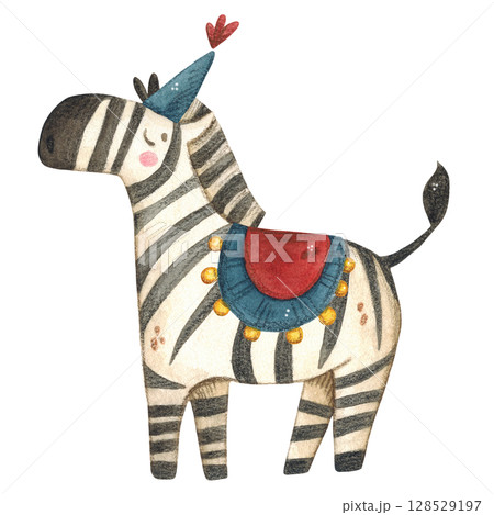 Zebra in a circus cap and blanket, watercolor illustration Zebra in a circus cap and blanket, watercolor illustration 128529197