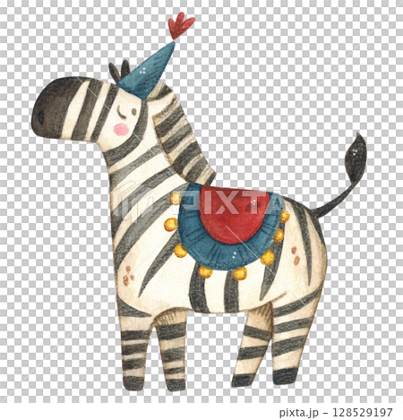 Zebra in a circus cap and blanket, watercolor illustration Zebra in a circus cap and blanket, watercolor illustration 128529197