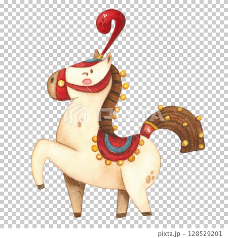 Circus horse, wearing a hat, cape and bells, watercolor illustration in children's style Circus horse, wearing a hat, cape and bells, watercolor illustration in children's style 128529201