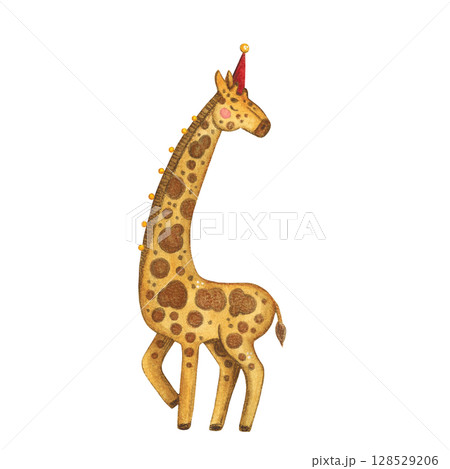 Giraffe in a hat and bells watercolor illustration 128529206