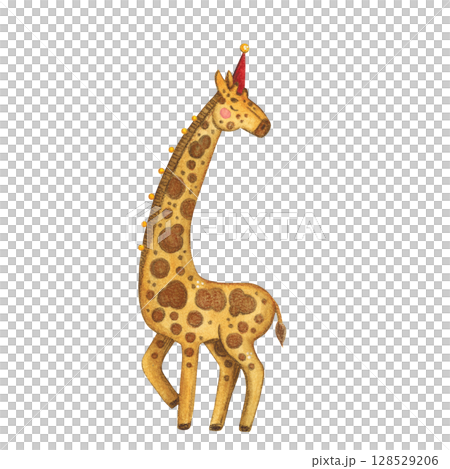 Giraffe in a hat and bells watercolor illustration 128529206