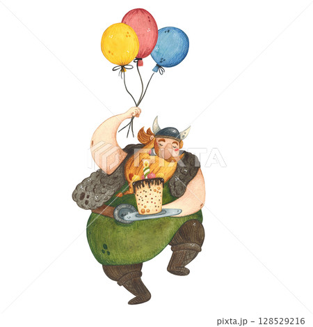 Watercolor illustration of a Viking with a cake and balloons 128529216