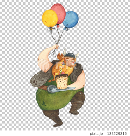 Watercolor illustration of a Viking with a cake and balloons Watercolor illustration of a Viking with a cake and balloons 128529216