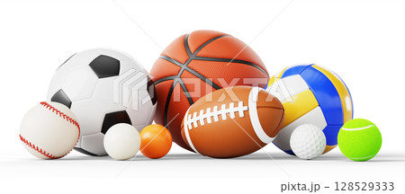 3d pile of sports balls isolated on white background. American football, golf, soccer, basketball, volleyball, handball, rugby, baseball softball, ping pong and tennis game equipment. 3D illustration 3d pile of sports balls isolated on white background. American football, golf, soccer, basketball, volleyball, handball, rugby, baseball softball, ping pong and tennis game equipment. 3D illustration 128529333