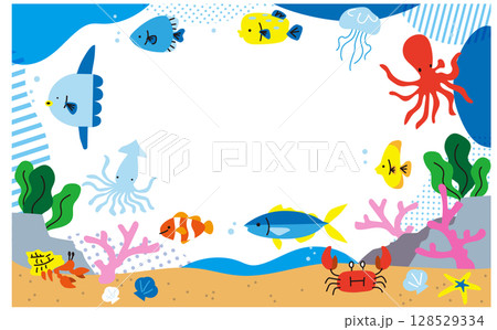 海の生き物のフレームイラスト背景素材 128529334