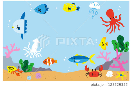 海の魚介類のベクターイラストフレーム素材 128529335