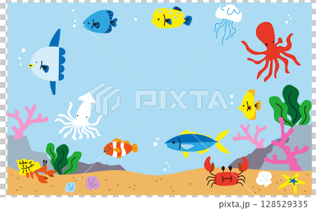 海の魚介類のベクターイラストフレーム素材 128529335
