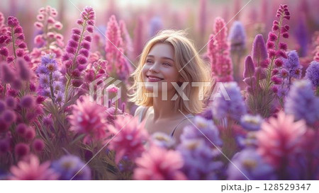 ピンクと紫の花と女性 128529347