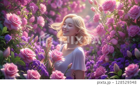 ピンクの薔薇に囲まれて微笑む若い女性 128529348