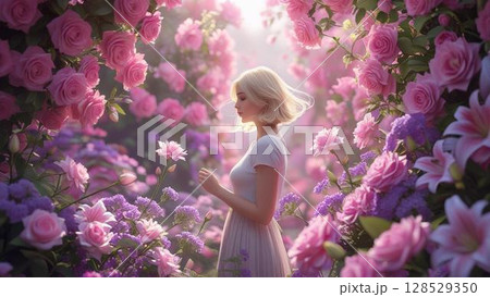 薔薇に包まれて立つ女性 128529350