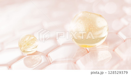 3d pink epidermis skin layer with oil drops texture. Cosmetic skincare background with hexagon cell pattern, gold liquid vitamin serum bubbles, collagen gel, retinol or glycolic acid. 3D illustration 128529379