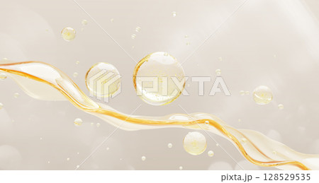 3d oil splash and drops texture. Cosmetic skin care background with gold liquid wave and bubbles. Fluid flow of yellow vitamin serum, collagen essence, glycolic acid or retinol gel. 3D illustration 128529535