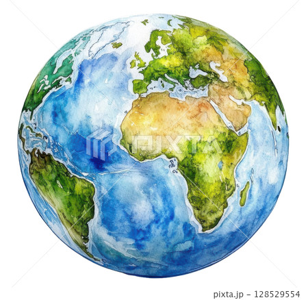 World globe transparent watercolor PNG clipart isolated on white background. 128529554