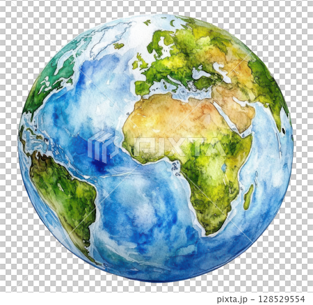 World globe transparent watercolor PNG clipart isolated on white background. 128529554