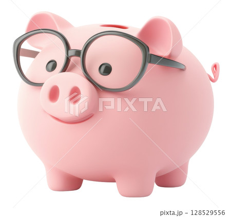 Pink piggy bank with glasses 3d transparent PNG clipart isolated on white background. 128529556
