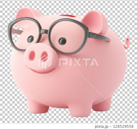 Pink piggy bank with glasses 3d transparent PNG clipart isolated on white background. 128529556