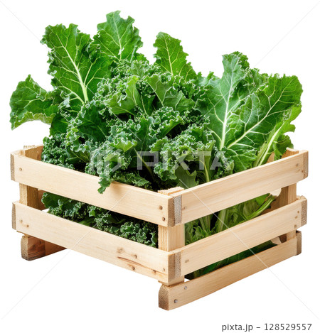 Kale salad fresh vegetable in wooden crate transparent PNG clipart isolated on white background. 128529557