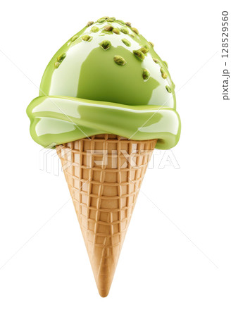 Pistachio ice cream 3d icon isolated on white background transparent PNG clipart. 128529560
