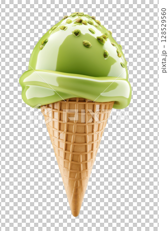 Pistachio ice cream 3d icon isolated on white background transparent PNG clipart. 128529560