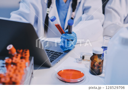 Modern Empty Science Laboratory With Microscopes, Test Tubes And Other Laboratory Equipments 128529706