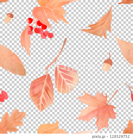 Seamless autumn pattern with leaves and berries of muted colors. The background is hand painted in watercolor the harvest season. for textiles, napkins, wrapping paper, postcards, decor, stationery Seamless autumn pattern with leaves and berries of muted colors. The background is hand painted in watercolor the harvest season. for textiles, napkins, wrapping paper, postcards, decor, stationery 128529752