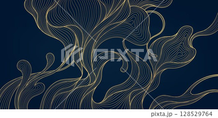 Vector golden line waves, luxury art leaves, organic shapes design. Curve geometric background, dark premium abstract ornament, vintage dynamic texture. 128529764