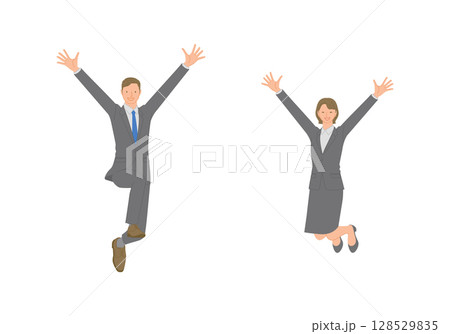 ビジネスイメージ：両手を上げてジャンプするスーツを着た笑顔の若い男女セット 128529835