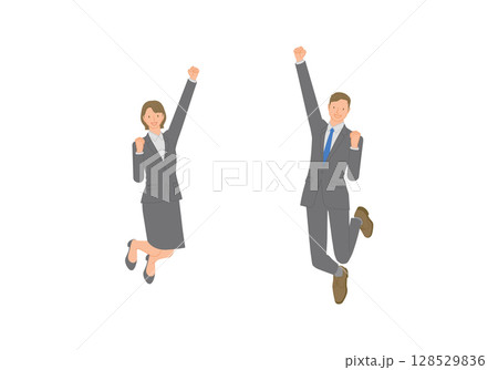 ビジネスイメージ:ガッツポーズでジャンプするスーツを着た笑顔の若い男女セット ビジネスイメージ:ガッツポーズでジャンプするスーツを着た笑顔の若い男女セット 128529836