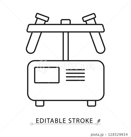 A centrifuge icon in minimalist style with editable stroke. Laboratory equipment, blood separation tool, fluid testing device, biological analysis element, outline vector illustration. 128529914