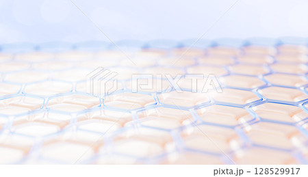 3d epidermis skin surface with blue water hexagon pattern. Dermatological cosmetic science and tech background with honeycomb cell texture, liquid gel serum, retinol or hyaluron acid. 3D illustration 128529917