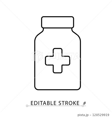 A pill bottle icon in minimalist style with editable stroke. Medicine container, pharmaceutical jar, health care element, drug packaging, treatment item, outline vector illustration. 128529919