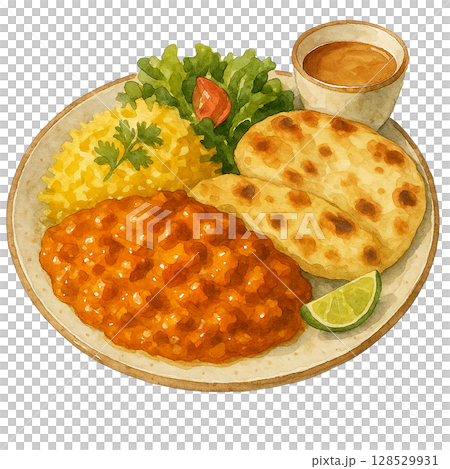 奶油雞肉咖哩和烤餅放在盤子裡 128529931