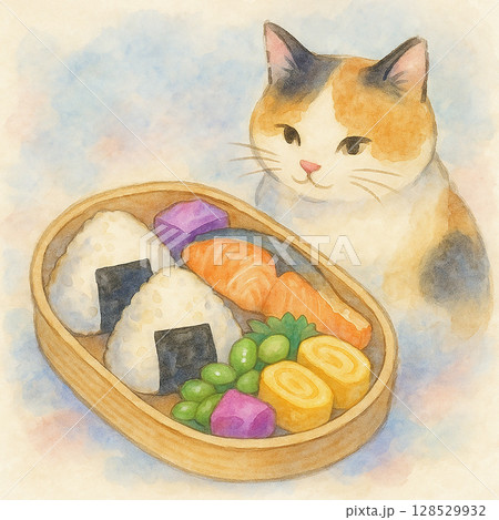三毛猫が見つめるおにぎり弁当の水彩イラスト 128529932