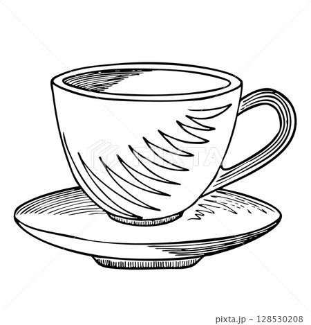 Vector cup with saucer. Hand drawn illustration, black and white outline, for posters, postcards and design  128530208