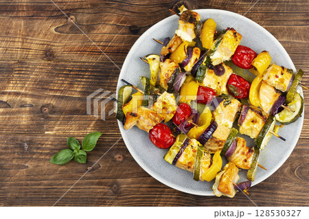 BBQ Salmon and Vegetable Kabobs. 128530327