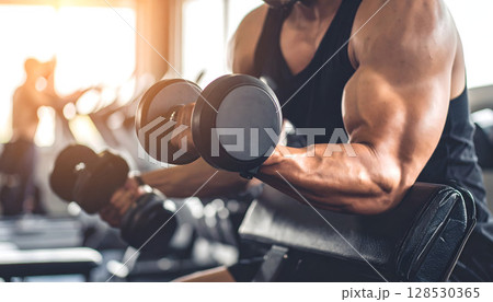 トレーニングジムでダンベルを持ち上げる男性 128530365