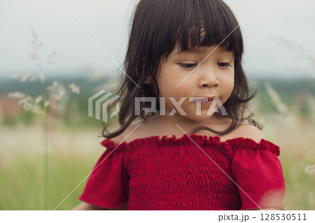 cheerful toddler girl in red dress playing in grass field cheerful toddler girl in red dress playing in grass field 128530511