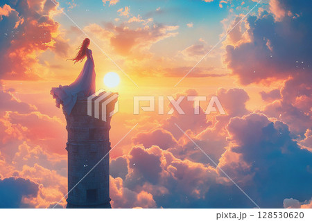 Silhouette of a girl in a white wedding dress on the background of the sunset 128530620