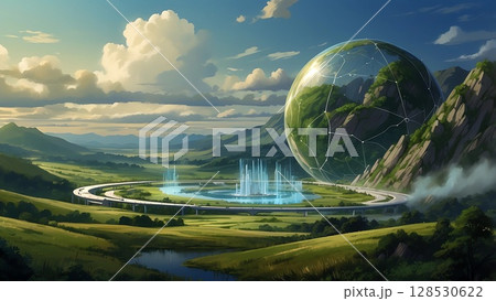 ゲーム背景 未来的デジタルワールドのレーダー地球儀 ゲーム背景 未来的デジタルワールドのレーダー地球儀 128530622