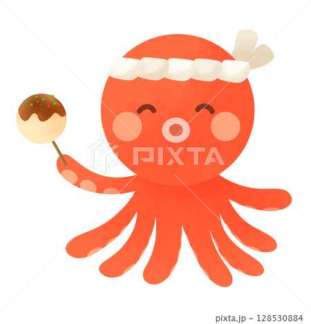 はちまきをしてたこ焼きを持った笑顔のタコのイラスト はちまきをしてたこ焼きを持った笑顔のタコのイラスト 128530884