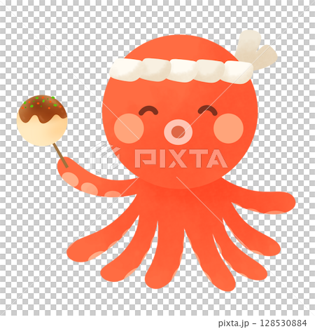 はちまきをしてたこ焼きを持った笑顔のタコのイラスト はちまきをしてたこ焼きを持った笑顔のタコのイラスト 128530884