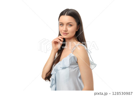 Young woman with a serene, gentle pose, isolated on white, PNG Young woman with a serene, gentle pose, isolated on white, PNG 128530987