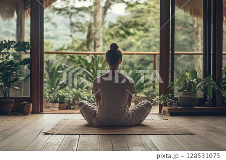 Young woman practicing yoga in lotus pose with beautiful scenic view 128531075