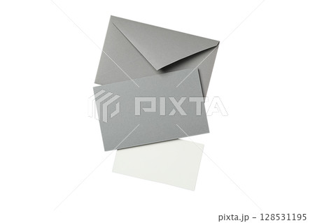 Collection of gray envelopes and a blank card, isolated on white, PNG Collection of gray envelopes and a blank card, isolated on white, PNG 128531195