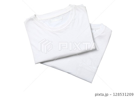 Two stacked white t-shirts ready to wear, isolated on white, PNG Two stacked white t-shirts ready to wear, isolated on white, PNG 128531209