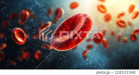Dramatic illustration of a blood cell among others at a microscopic level, bringing attention to the complexity of circulatory biology. 128531348