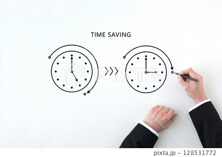 時間を短縮した時計を描くビジネスマンの手 時間を短縮した時計を描くビジネスマンの手 128531772