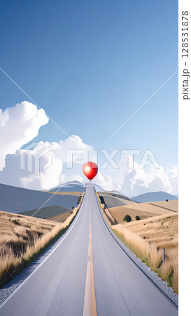 一本道の向こうに気球が浮かんでいる様子　縦長画像 128531878