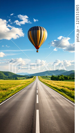 一本道の向こうに気球が浮かんでいる様子　縦長画像 128531905